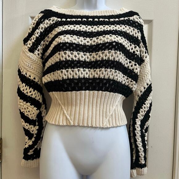 Zara Limited Edition Openwork Chunky Knit Striped Boho Chic Crop Sweater Medium - Picture 2 of 13